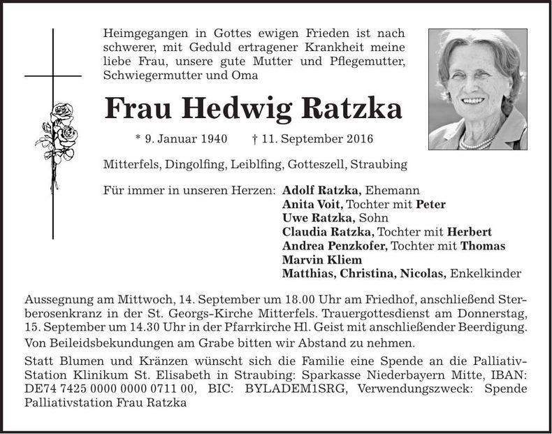 Traueranzeige Hedwig Ratzka