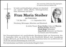 Traueranzeige Maria Stoiber