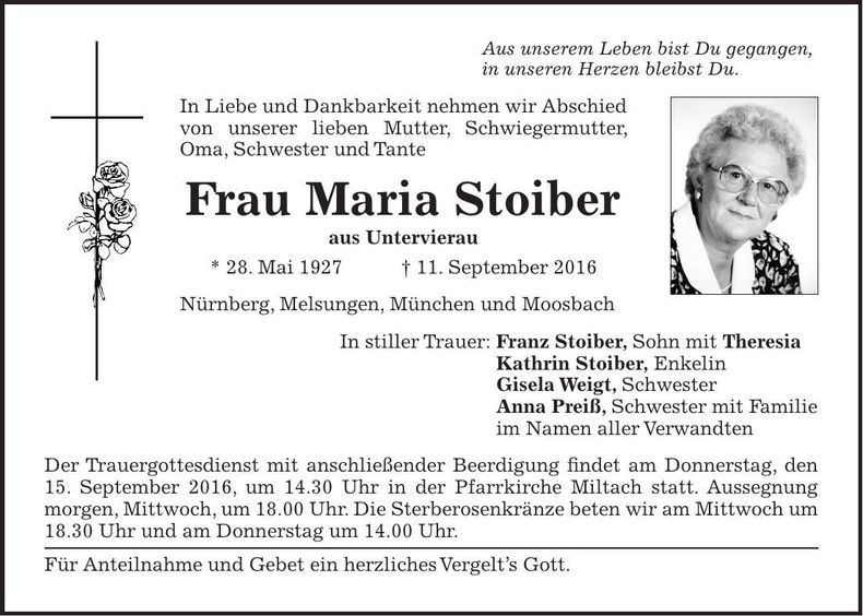 Traueranzeige Maria Stoiber