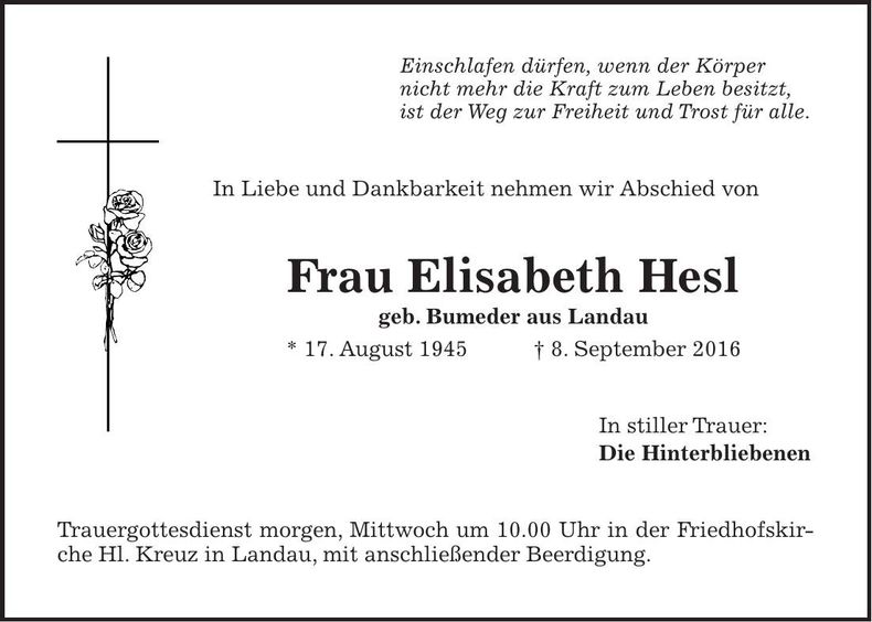 Traueranzeige Elisabeth Hesl