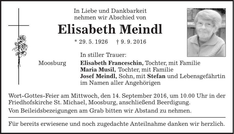 Traueranzeige Elisabeth Meindl