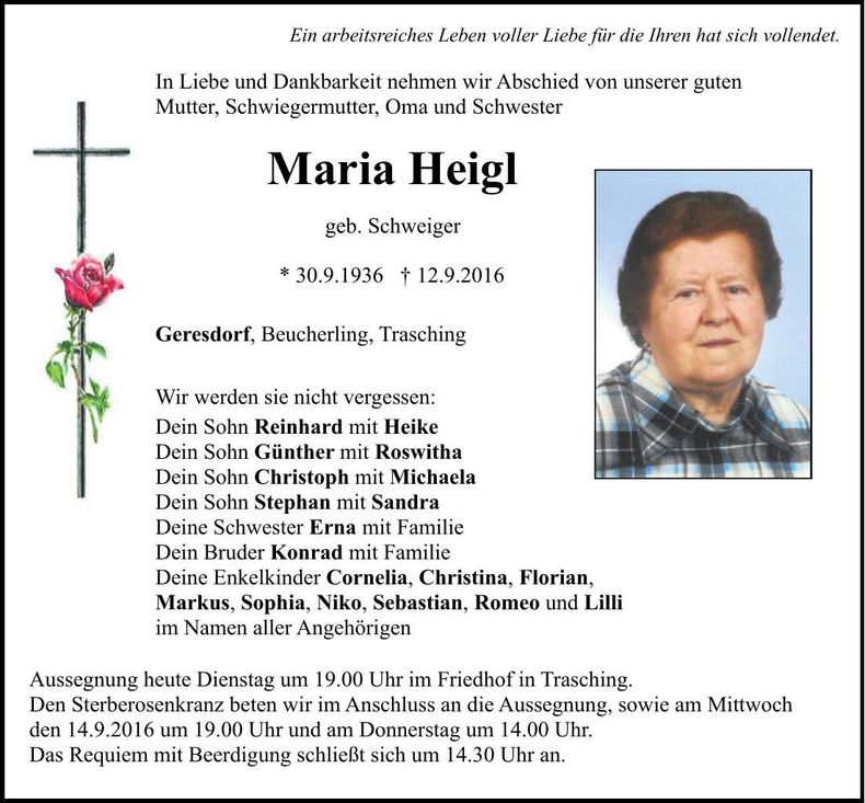 Traueranzeige Maria Heigl