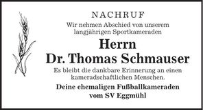 Traueranzeige Thomas Dr. Schmauser