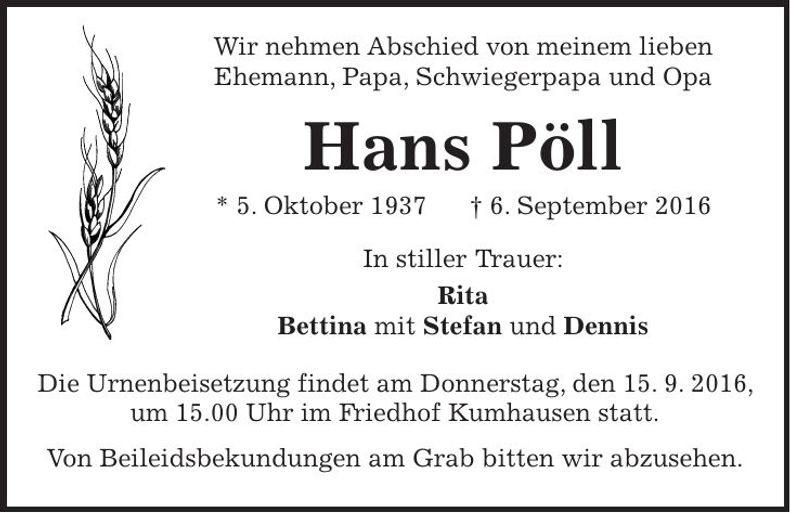 Traueranzeige Hans Pöll