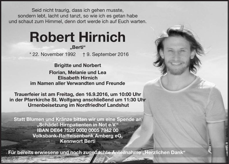 Traueranzeige Robert Hirnich
