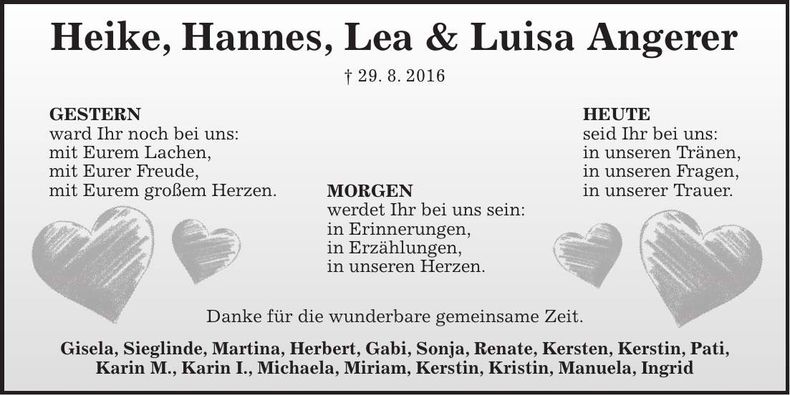 Traueranzeige Heike Hannes Lea Luisa Angerer