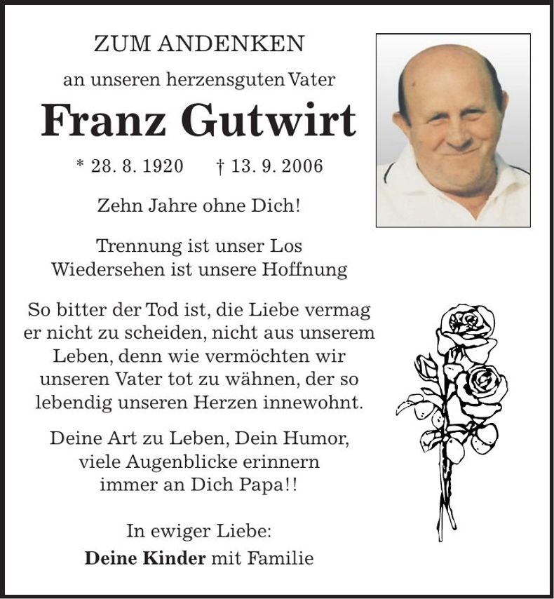 Traueranzeige Franz Gutwirt