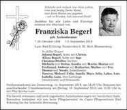 Traueranzeige Franziska Begerl