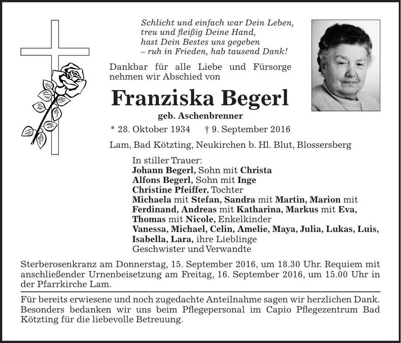 Traueranzeige Franziska Begerl