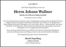 Traueranzeige Johann Wallner