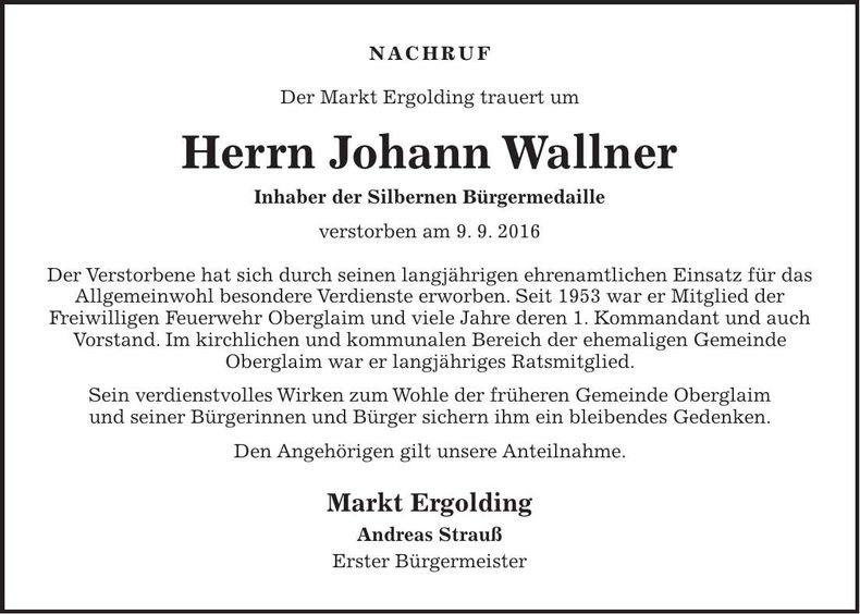Traueranzeige Johann Wallner