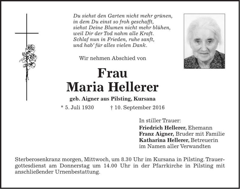 Traueranzeige Maria Hellerer
