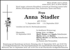 Traueranzeige Anna Stadler