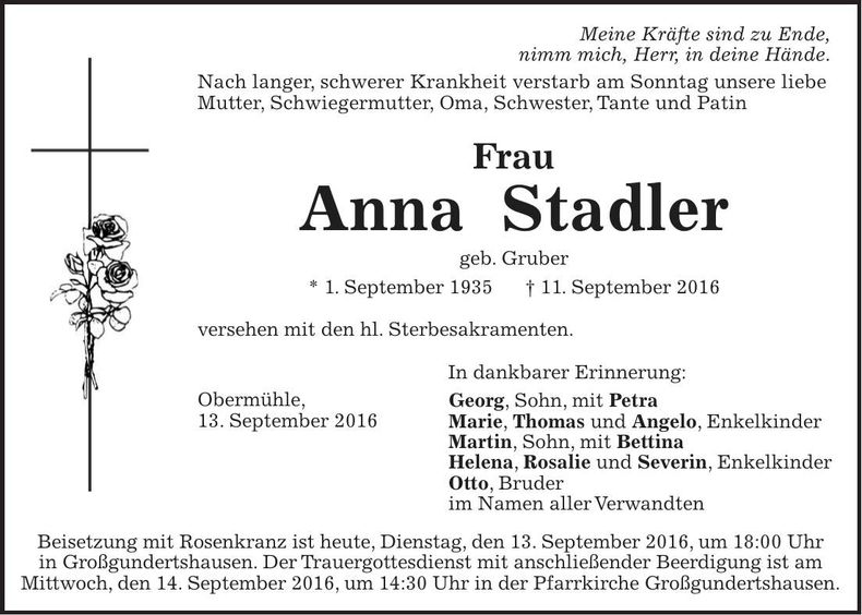 Traueranzeige Anna Stadler