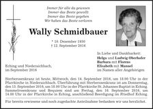 Traueranzeige Wally Schmidbauer