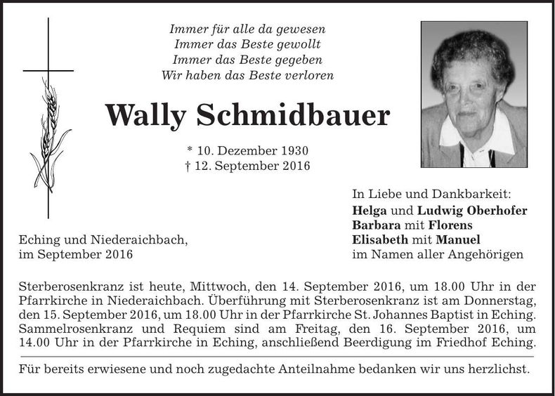 Traueranzeige Wally Schmidbauer