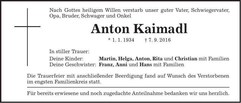 Traueranzeige Anton Kaimadl