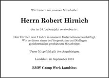 Traueranzeige Robert Hirnich