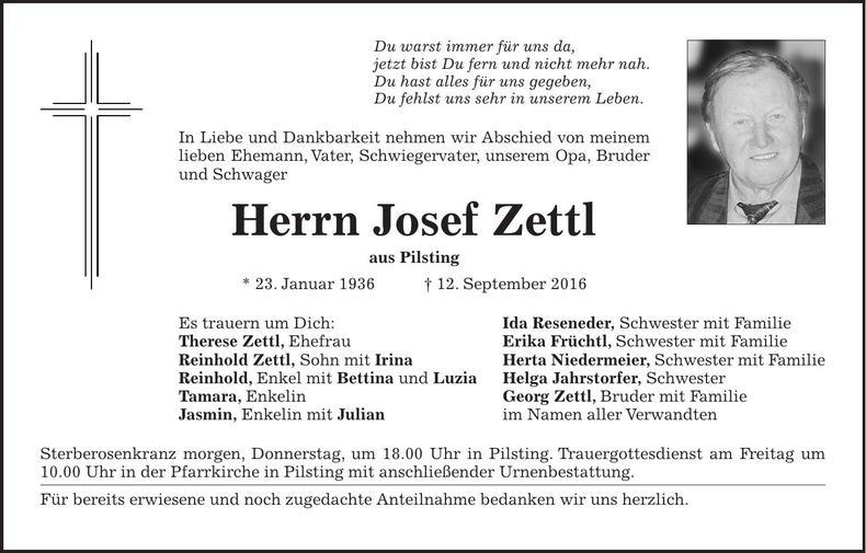 Traueranzeige Josef Zettl
