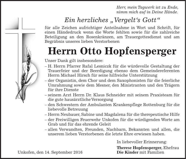 Traueranzeige Otto Hopfensperger