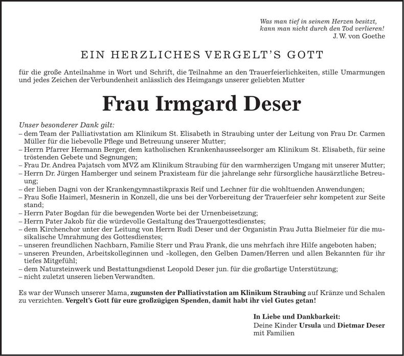 Traueranzeige Irmgard Deser