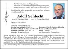 Traueranzeige Adolf Schlecht