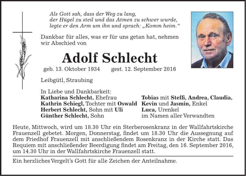 Traueranzeige Adolf Schlecht