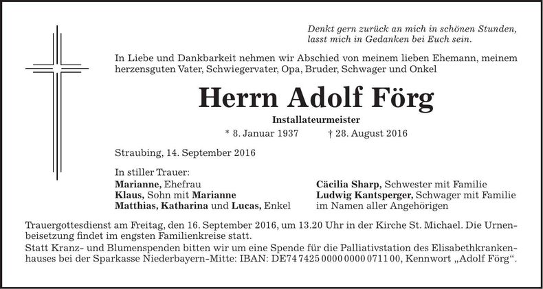 Traueranzeige Förg Adolf