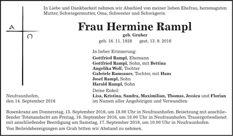 Traueranzeige Hermine Rampl
