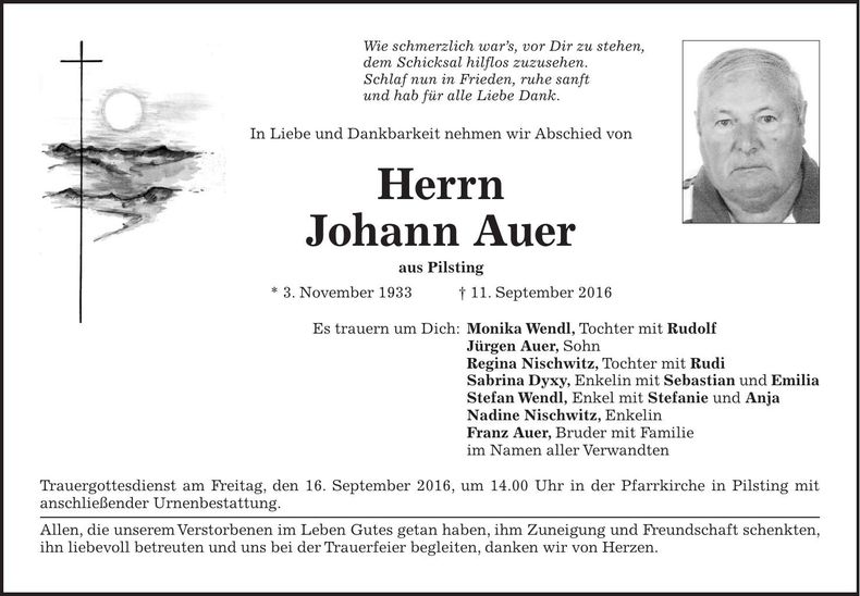 Traueranzeige Johann Auer