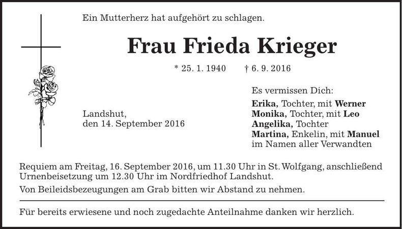 Traueranzeige Frieda Krieger