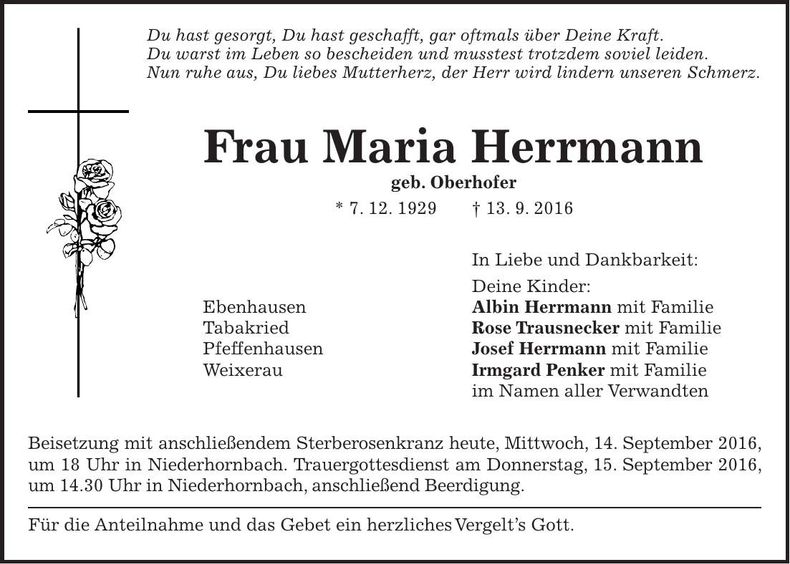 Traueranzeige Maria Herrmann