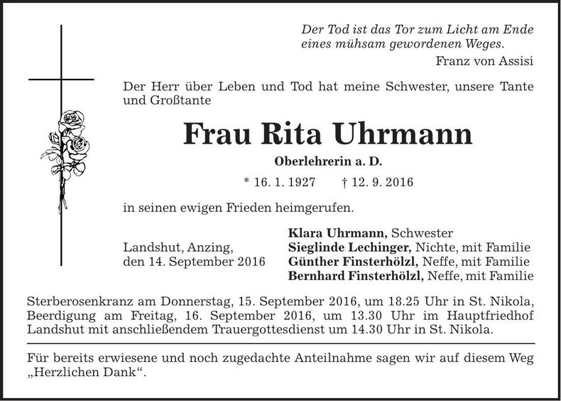 Traueranzeige Rita Uhrmann
