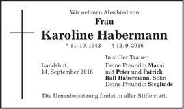 Traueranzeige Karoline Habermann