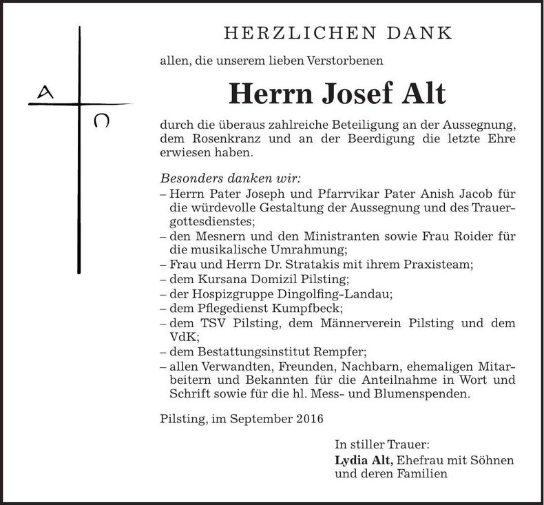 Traueranzeige Josef Alt