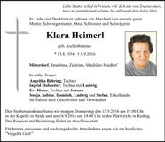 Traueranzeige Klara Heimerl