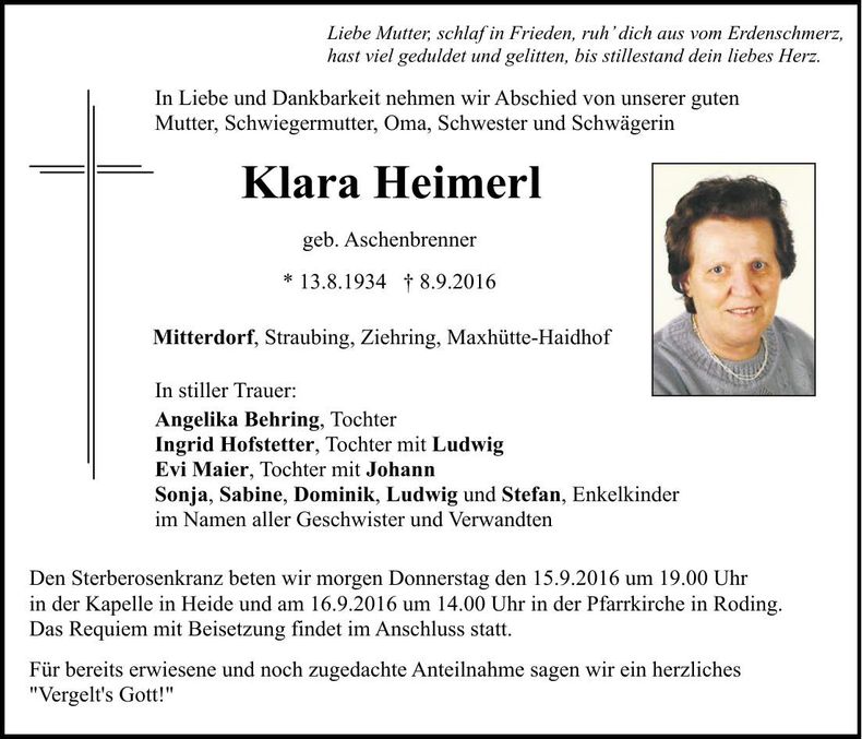 Traueranzeige Klara Heimerl
