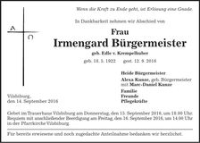 Traueranzeige Irmengard Bürgermeister
