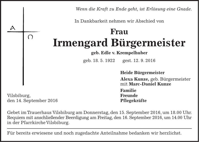 Traueranzeige Irmengard Bürgermeister