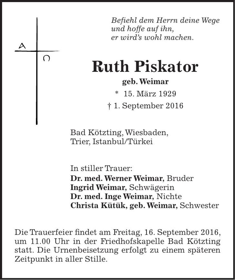 Traueranzeige Ruth Piskator
