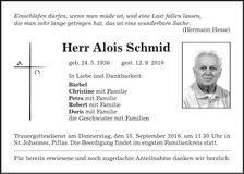 Traueranzeige Alois Schmid