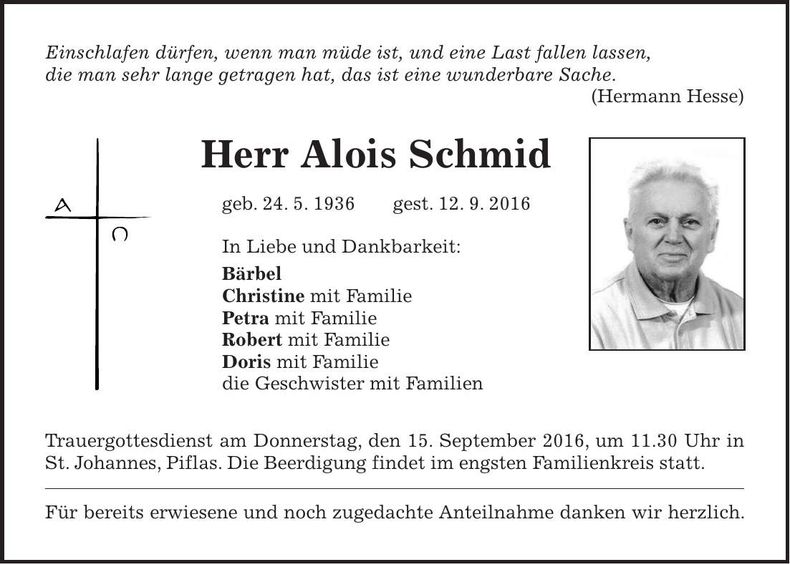 Traueranzeige Alois Schmid