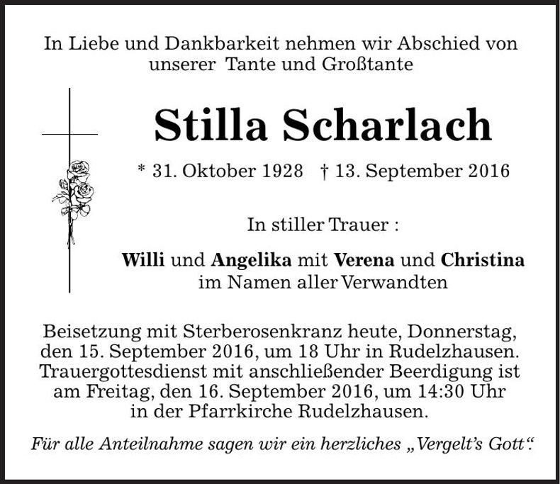 Traueranzeige Stilla Scharlach