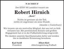 Traueranzeige Robert Hirnich
