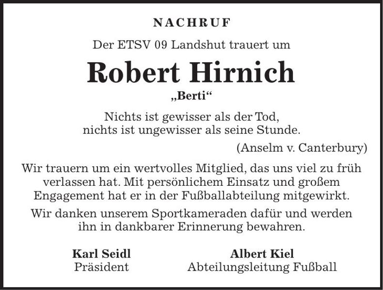 Traueranzeige Robert Hirnich