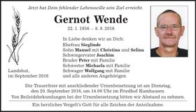 Traueranzeige Gernot Wende