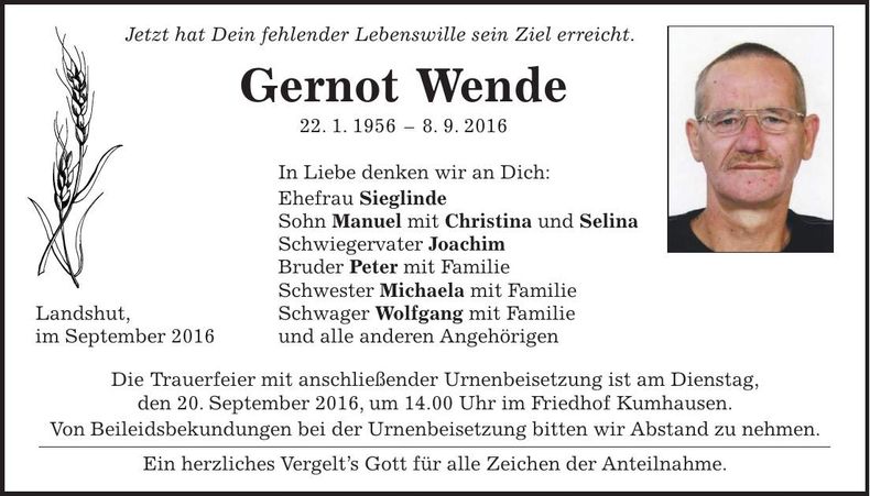 Traueranzeige Gernot Wende