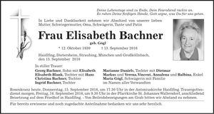 Traueranzeige Elisabeth Bachner