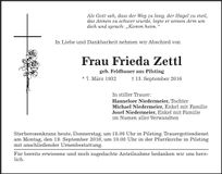 Traueranzeige Frieda Zettl