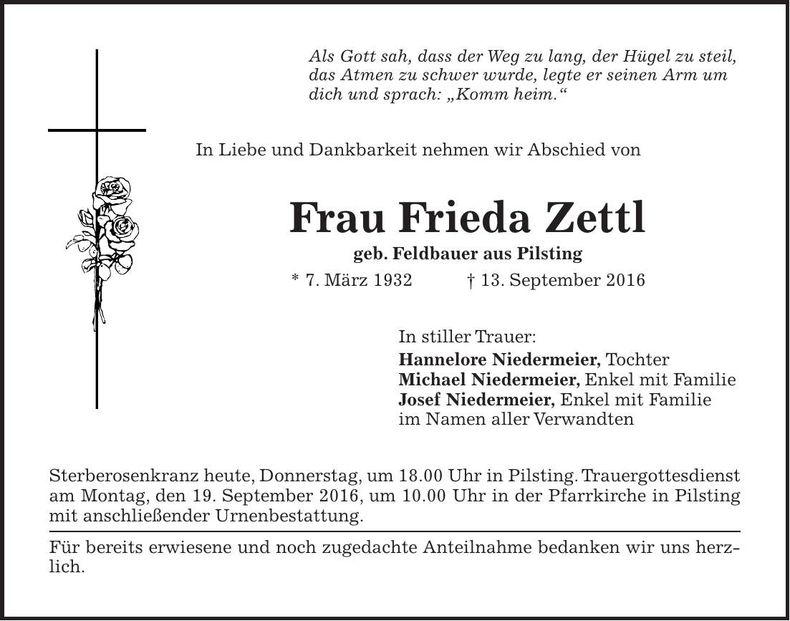 Traueranzeige Frieda Zettl